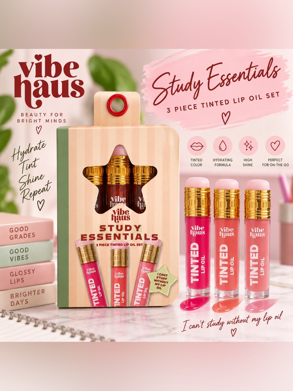 Vibe Haus Study Essentials 3-Piece Tinted Lip Oil Set